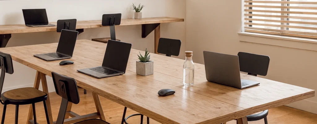 Contemporary office workspace with wooden desks, laptops, and ergonomic chairs in a bright modern interior